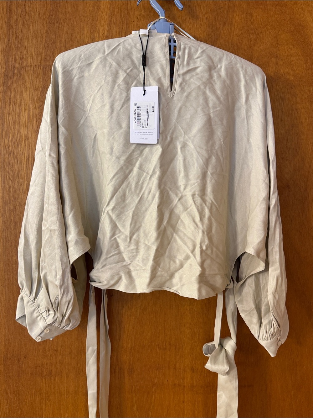 Reiss 100% Viscose Light Beige Tie-Detail Balloon Sleeve Top - Picture 7 of 12